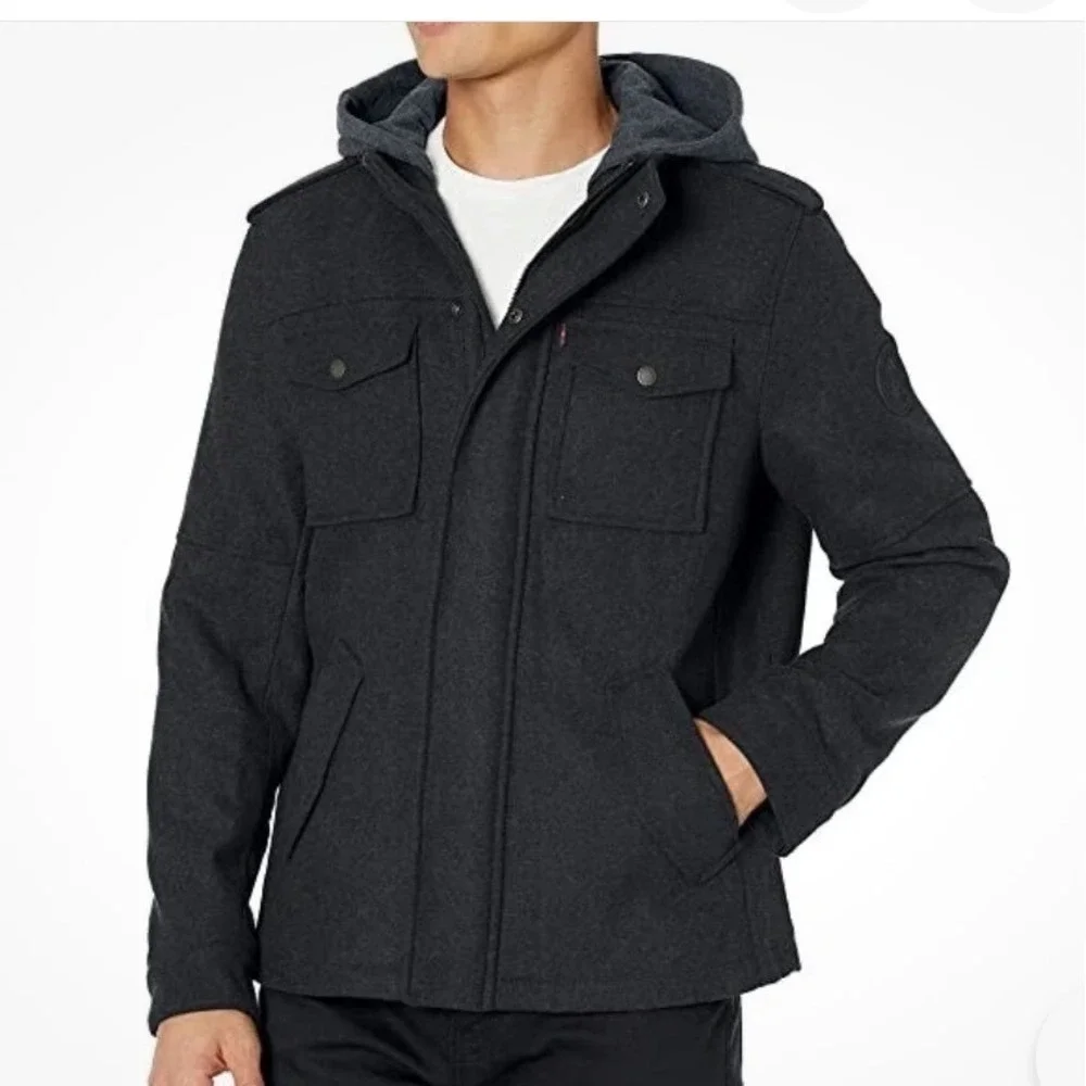 Levis Mens Wool Blend Hooded Field Jacket Charcoal Grey XXL Military Chore‎ Coat